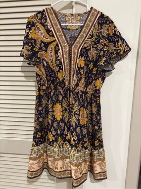 Cupshe Women’s Floral Paisley V-Neck Short Dress in Navy and Mustard* Sz. Large